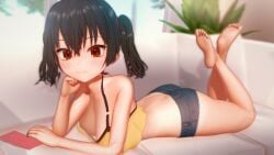 1girls 3d arm_support ass barefoot big_breasts black_hair breasts brown_eyes busty butt_crack cellphone cleavage couch denim denim_shorts feet female female_only gaki_kyonyuu hanging_breasts hi_res kanna_sasaki_(kaedeko) large_breasts legs looking_at_viewer lying medium_hair midriff navel on_stomach original original_character pose posing short_shorts shorts smartphone smile sofa tan tanline tanlines the_pose thighs twintails voluptuous