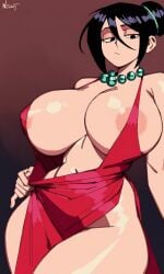 1girls ai_generated areola_slip areolae black_hair cleavage cleavage_overflow hair_bun huge_breasts jade_necklace kosine1777 kosineverse original original_character pearl_necklace red_dress shizue_(kosine1777)