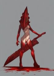 ai_assisted ai_generated blood blood_on_body blood_on_face breasts_out cookie-girl female_pyramid_head high_heels pyramid_head rule_63 silent_hill sword