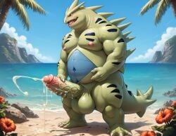 1boy ai_generated anthro balls beach big_balls big_muscles big_nipples big_pecs big_penis booster_rex cum cumming cumshot day ejaculation erection furry furry_male green_body huge_balls huge_cock huge_muscles huge_nipples huge_pecs male male_only masturbation muscular muscular_anthro muscular_male nipples nude ocean pecs penis pokemon pokemon_(species) solo tail tyranitar water