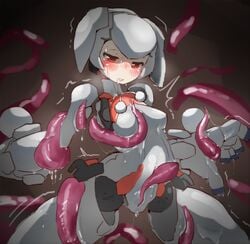 blush drooling female gunslinger_stratos licking red_eyes restrained robot_ears robot_girl robot_joints silver_hair slime small_breasts solo tentacle trembling xi-988 yeti_(mu_kaiten)