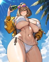 absurdres anis_(nikke) anis_(sparkling_summer)_(nikke) aviator_sunglasses bikini breasts brown_hair cameltoe can drink_can eyepatch_bikini eyewear_on_head female goddess_of_victory:_nikke highres holding holding_can huge_breasts jacket looking_at_viewer pink-tinted_eyewear short_hair smile soda_can standing sunglasses swimsuit tinted_eyewear white_bikini wolffeld_price yellow_jacket