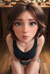 after_fellatio ai_generated artist_name aunt_cass bare_shoulders big_hero_6 black_shirt black_tank_top blurry blurry_background boots breasts brown_footwear brown_hair cass_hamada cleavage collarbone cutoffs denim denim_shorts depth_of_field disney eugenericai female freckles green_eyes indoors kneeling lips looking_at_viewer medium_breasts nose open_fly saliva shirt short_hair short_shorts shorts sleeveless solo tank_top thigh_gap wooden_floor