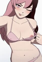 1girls 3d :p _yumidreams ai_generated armpits bangs bikini bikini_pull blinking blush collar fair_skin flashing flashing_breasts flashing_tits long_hair looking_at_viewer medium_breasts multicolored_hair navel neopolitan neopolitan_(rwby) nipple_slip nipples pale_skin patreon pink_eyes rwby selfie simple_background teeth white_skin