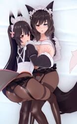 2girls 3d ass black_hair blue_eyes blush cronimus daughter elaine_gauthier fox_ears fox_girl fox_tail heterochromia koikatsu kostenka_catherine laying_down laying_on_bed long_hair looking_at_viewer maid maid_headdress maid_uniform milf mother mother_and_daughter panties panties_under_pantyhose pantyhose red_eyes short_hair solo_female stockings