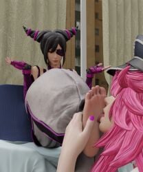 2girls 3d asagamiyo baggy_pants barefoot black_hair drill_hair eyepatch final_fight foot_fetish foot_lick foot_worship juri_han peaked_cap pink_hair pink_nails poison_(final_fight) shrug soles street_fighter twin_drills yuri