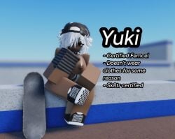 1girl 3d backwards_baseball_cap barely_clothed character_sheet dark-skinned_female exhibitionism eye_bags goes_hard long_hair nudist nyxwastaken original_character posing posing_for_the_viewer public_nudity roblox self_upload skateboard skater skater_girl solo tagme text white_hair yuki_(nyxwastaken)