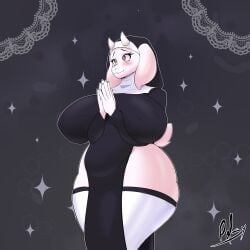 1girls alternate_version_available animal_ears anthro big_breasts blush breasts goat_ears hands_together hat headwear hips horns huge_breasts large_breasts legwear mature mature_female mature_woman milf mother nun nun's_habit nun_hat nun_outfit red_eyes tail thepolsy thighhighs thighs toriel undertale white_body white_skin white_thighhighs wide_hips