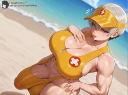 abs ai_generated beach big_ass big_balls big_breasts big_penis bikini futa_only futanari hat lifeguard lifeguard_swimsuit light-skinned_futanari light_blue_eyes light_skin muscular muscular_arms muscular_futanari shadyfox thick thick_ass thick_legs thick_thighs uzaki-chan_wa_asobitai! uzaki_hana white_hair