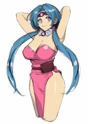 1girls armpits arms_behind_head big_breasts blue_hair breasts busty character_request cleavage confident dress female female_only headband highres large_breasts legs looking_at_viewer low_twintails onsen_tamago_(hs_egg) pink_eyes pose posing sensual sexy_armpits smile solo thighs twintails voluptuous