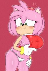 1girls amy_rose big_breasts green_eyes mindgasmyt nipple_bulge pink_body sega sonic_(series) sweat sweaty white_panties