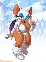 1girls anthro belly_button_piercing bikini bikini_bottom bikini_top blue_eyeshadow boots earrings eyelashes fangs female female_only fur_boots furkini green_eyes jacket omegasunburst patreon patreon_logo patreon_username rouge_the_bat shortstack solo sonic_(series) voluptuous voluptuous_female white_fur