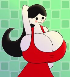 1girls :) alternate_breast_size arm_behind_head arm_up arms_behind_back big_breasts black_hair blush breasts cleavage cleavage_overflow deepseaanemone green_background huge_breasts large_breasts long_hair mob_face nintendo red_dress rhythm_heaven rhythm_tengoku showing_off smile thight_clothing white_skin yuka_(rhythm_tengoku)
