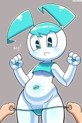 1boy 1girls 2020s 2022 blue_blush blue_eyes blush chubby chubby_female digital_media_(artwork) disfigure english_text female grey_background hands_up jenny_wakeman my_life_as_a_teenage_robot nickelodeon pussy robot robot_girl robot_humanoid screw_bellybutton shaved_pussy talking_to_viewer teal_hair teal_thong text thighs thong thong_pull tubetop underboob undressing white_body xj-9