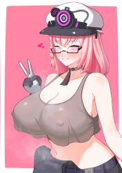 1girls ayla_(punishing:_gray_raven) beret blush breasts clothed erect_nipples female fully_clothed glasses grin horny horny_female huge_breasts large_breasts peace_sign pink_eyes pink_hair punishing:_gray_raven robot_girl solo standing steam