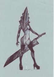 ai_assisted ai_generated breasts cookie-girl excessive_genital_fluids excessive_pussy_juice high_heels nipple_pasties pussy_juice_drip pyramid_head sketch sword