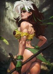 1girls ass bare_shoulders big_hair breasts brown_hair clothed eyeshadow female gloves green_gloves green_headband headband holding_weapon large_breasts long_hair marvel mascara monorirogue mullet muscular muscular_female paid_reward_available rogue_(x-men) savage_land solo thick_thighs torn_clothes two_tone_hair underbutt white_hair x-men