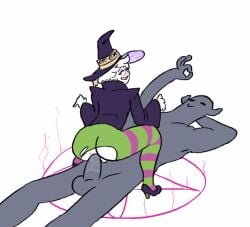 1girls ambiguous_penetration blush blush demon demon_horns dick etcexera eyeshadow high_heels oc original_character penis pentagram ripped_tights tagme tights witch witch_hat