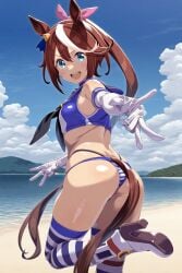 ai_generated animal_ears brown_hair female horse_girl pony_tail ribbon striped_bikini tokai_teio_(umamusume) two_tone_hair umamusume umamusume_pretty_derby