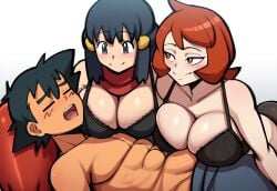 2girls 2girls1boy ai_generated akari_(pokemon) arezu_(pokemon) bra huge_breasts imminent_sex large_breasts mullon novelai on_back pokemon pokemon_legends:_arceus satoshi_(pokemon) satoshi_(pokemon) topless trio