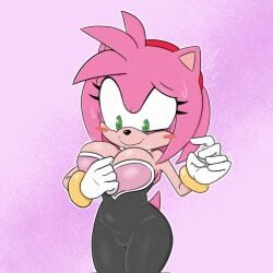 1girls amy_rose amy_the_bat big_breasts bodysuit breasts cameltoe cleavage female female_focus female_only green_eyes mindgasmyt rouge_the_bat_(cosplay) sega smile sonic_(series) sweat tight_clothing