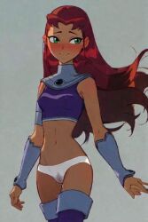 ai_assisted ai_generated armor blush cameltoe cookie-girl green_eyes purple_clothing pussy_juice pussy_juice_drip red_hair starfire white_panties