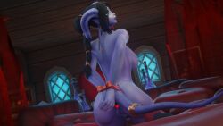 1girls 3d anal anal_insertion arms_behind_back big_ass big_breasts black_hair blizzard_entertainment blue_skin buttplug draenei female female_only horns morilymory nude original_character pinup pussy restrained sironis solo tail thick_thighs voluptuous voluptuous_female warcraft wide_hips world_of_warcraft