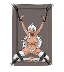 arms_above_head ball_gag bondage breasts chains cuffs egg_vibrator eudetenis female femsub gag lilya_(pretzelfan) one_eye_closed panties pretzelfan stockings sweat thighhighs vibrator vibrator_cord vibrator_in_thighhighs white_hair wrist_cuffs