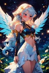 ai_assisted angel angel_wings beautiful beautiful_background blue_eyes blush cookie-girl crop_top female female_only looking_away pussy_juice pussy_juice_drip shy skirt small_breasts smile starry_sky white_hair