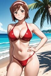 1girl ai-created ai_generated bare_shoulders beach bikini blue_sky blush breasts brown_eyes brown_hair cameltoe cleavage closed_mouth cloud collarbone contrapposto cowboy_shot day devilman female hairband hand_on_own_hip large_breasts looking_at_viewer miki_makimura navel ocean outdoors palm_tree pink_hairband pixiv red_bikini rena_aikawa_(pixiv_user) sand short_hair sky smile solo stable_diffusion standing stomach swimsuit tree