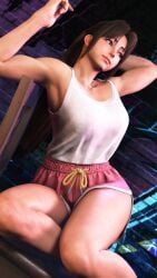 1girls asian_female big_breasts breasts brown_eyes brown_hair capcom casual chair cleavage crossover fatal_fury human human_only king_of_fighters mai_shiranui ponytail shorts snk street_fighter street_fighter_6 tagme thick_thighs video_games