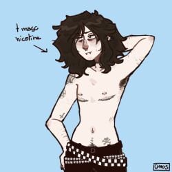 1boy 2d armpit_hair belly_button belt black_nail_polish black_nails blue_eyes brown_hair class_of_'09 digital_media ear_piercing ear_piercings earring earrings ftm_crossgender jeans lip_piercing male mastectomy_scar medium_hair messy_hair mouth_piercing nail_polish nicole_(class_of_'09) nikkikkjj nipple_piercing nipples nose_piercing pale-pale_skin piercings piercings_everywhere pubic_hair pubic_hair_peek scar scars scars_on_arm scars_on_chest self_harm_scars simple_background sweatdrop tattoo tattooed_arm tattoos tattoos_everywhere text white_body white_skin