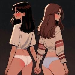 ai_generated blush brown brown_hair cookie-girl crop_top facing_away holding_hands panties two_girls white_panties yuri