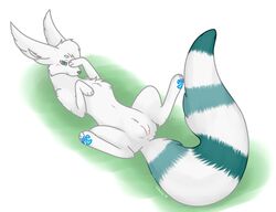 2015 anus arctic_wolf blush canine female feral fluffy_tail fur grass hybrid kyoushiro long_tail lumi_(snowyzi) lying mammal on_back pawpads paws pussy ringtailed_cat shy simple_background solo spread_legs spreading teal_eyes teal_fur teal_stripes white_background white_fur wolf