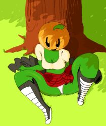 2d cleavage etcexera green_skin oc original_character panties pumpkin pumpkin_head skirt tagme tree upskirt