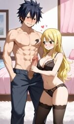 black_bra black_hair black_lingerie_panties blonde_hair curly_hair erection fairy_tail gray_fullbuster hearts huge_breasts imminent_sex long_hair lucy_heartfilia pants penis_out pixai topless_male