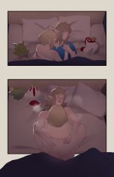 1boy 1girls ass bed blonde_hair breath comic cucco female_on_top hug korok link naked nintendo nude pillow plushie pointy_ears pomelomelon princess_zelda sex short_hair sleeping steam tears_of_the_kingdom the_legend_of_zelda zelda_(tears_of_the_kingdom)