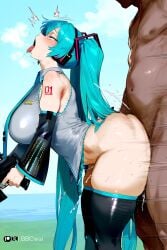 1boy 1girls ai_generated bbcwai black_body blue_hair dark-skinned_male dark_penis doggy_style fortnite fortnite:_battle_royale from_behind from_side hatsune_miku hi_res huge_breasts huge_butt huge_cock interracial motion_lines outdoors sex weapon