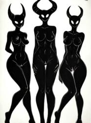 3girls ai_generated black_body black_hair demon female female_only humanoid monster pussy qwer123yui scp-205 scp_foundation white_eyes