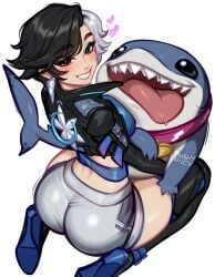 1girls big_ass blushypixy blushyspicy female female_focus fully_approved_marvel hugging jeff_the_land_shark looking_at_viewer luna_snow luna_snow_(marvel_rivals) marvel marvel_rivals smile thick_thighs wholesome