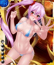 blush breasts erect_nipples female kagami_hirotaka long_hair looking_at_viewer navel pink_hair red_eyes saya_(taimanin_asagi) shiny_skin side_ponytail solo standing sweat swimsuit taimanin_asagi_battle_arena taimanin_asagi_battle_arena_all_card_gallery very_long_hair