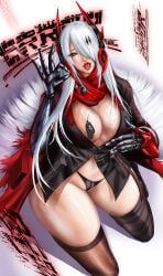 1girls blowjob_gesture bottomless breasts breasts_out clothed female hair_over_one_eye heterochromia large_breasts long_hair lucia_(punishing:_gray_raven) oral_invitation panties punishing:_gray_raven robot_girl solo standing thighhighs white_hair