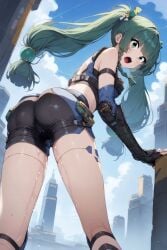 ai_assisted ai_generated bubble_butt cameltoe city_background cookie-girl crop_top from_below_view green_eyes green_hair leaning_forward pussy_juice pussy_juice_down_legs pussy_juice_drip pussy_juice_through_clothing shorts suprised_look