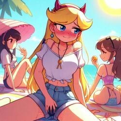 ai_assisted ai_generated beach beach_background beach_towel beach_umbrella blonde_hair blue_eyes blush cookie-girl crop_top devil_horns excessive_genital_fluids excessive_pussy_juice female female_only masturbation masturbation_through_clothing multiple_girls necklace pussy_juice pussy_juice_drip pussy_juice_through_clothing shorts shy smile star_butterfly stealth_masturbation