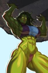 1girls abs breasts busty female glowing_eyes green_eyes green_hair green_skin hulk_(series) jennifer_walters larce_breasts leotard lifting marvel marvel_comics muscular muscular_female obliques r62 serratus_anterior she-hulk superheroine thong tight_clothing