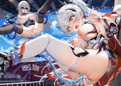 2girls absurdres ahoge baiban black_blindfold black_thighhighs blindfold blue_eyes blush breasts bronya_zaychik bronya_zaychik_(silverwing:_n-ex) cape commentary_request coralie_(honkai_impact) cum cum_in_pussy drill_hair gauntlets grey_hair hair_ornament highres honkai_(series) honkai_impact_3rd kiana_kaslana kiana_kaslana_(herrscher_of_flamescion) kneepits large_breasts long_hair multiple_girls nipples open_mouth ponytail red_cape spread_legs tentacle thighhighs torn_cape torn_clothes twin_drills very_long_hair white_hair white_thighhighs