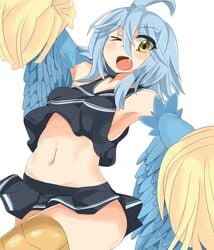 1girls ahoge armpits belly belly_button blue_hair breasts cheerleader clothing cute_fang fang feathered_wings female female_only harpy highres karatakewari miniskirt monster_girl monster_musume_no_iru_nichijou navel open_mouth papi_(monster_musume) pom_poms short_hair simple_background skirt small_breasts solo white_background wings yellow_eyes