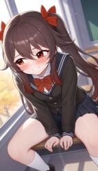 ai_assisted blush brown_hair cookie-girl leaning_forward looking_away pussy_juice pussy_juice_puddle red_bow school_uniform sitting_on_chair smile