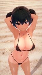 1girls 3d armpits arms_behind_head beach big_breasts bikini black_bikini black_hair breasts busty confident female female_only gaki_kyonyuu hi_res kanna_sasaki_(kaedeko) large_breasts legs medium_hair navel original original_character pose posing red_eyes seductive seductive_look seductive_smile sexy_armpits sideboob smile sweat tan tanline tanlines thighs twintails voluptuous