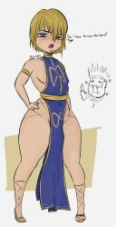 1boy 1femboy armband blush blush bulge bulge_through_clothing english_text femboy frown hand_on_hip heart heart heels high_heels hunter_x_hunter jeteggs kurapika leorio_paladiknight long_dress nipple nipples nipslip nosebleed reaction_image solo solo_focus solo_male speaking talking